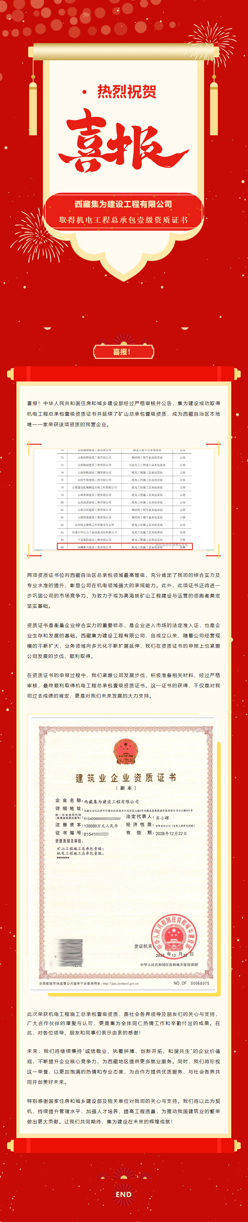 喜報｜祝賀集為建設取得機電工程總承包壹級資質(zhì)證書內(nèi)容